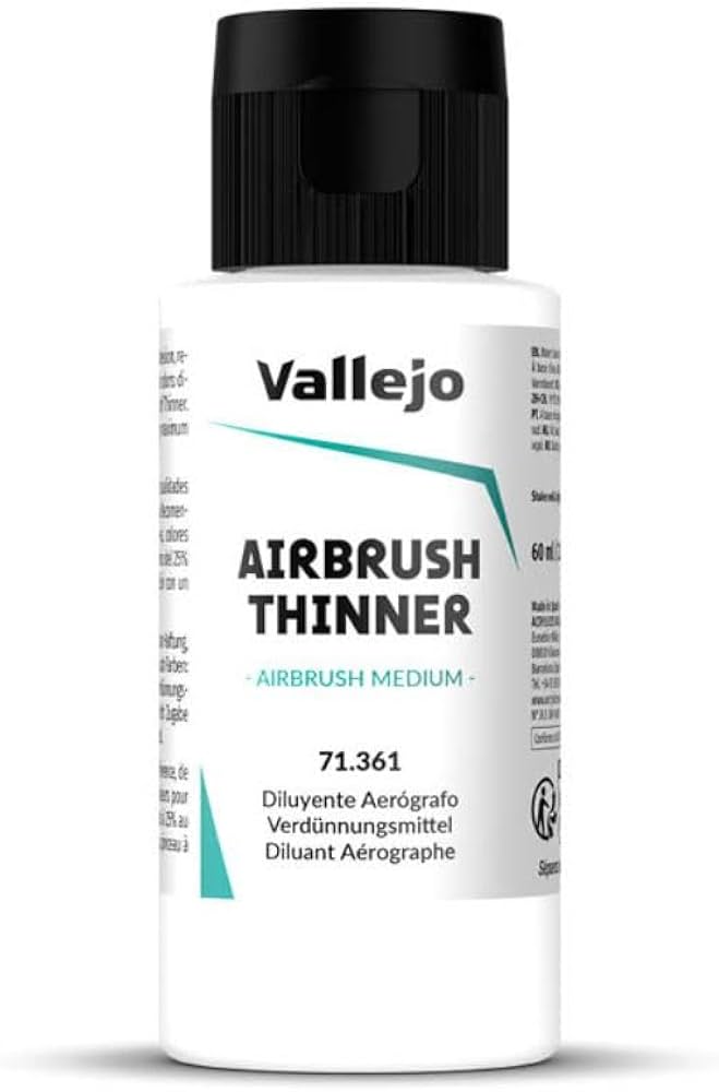 Vallejo Airbrush Thinner (60ml) - White plastic bottle of Vallejo Airbrush Thinner with black screw cap and teal and black text on the label.