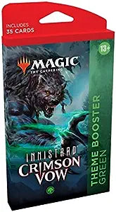 Magic: The Gathering - Innistrad Crimson Vow Theme Booster - The Gathering Innistrad Crimson Vow Theme Booster pack with dark wolf artwork, green and red packaging, holds 35 cards.