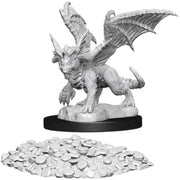 D&D Nolzur's Marvelous Miniatures: Blue Dragon Wyrmling - Unpainted gray resin miniature of a young blue dragon with wings spread, standing on rocky base.