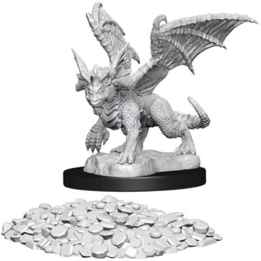 D&D Nolzur's Marvelous Miniatures: Blue Dragon Wyrmling - Unpainted gray resin miniature of a young blue dragon with wings spread, standing on rocky base.