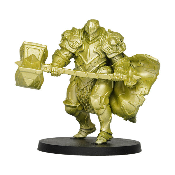Vallejo True Metallic Metal Light: Radiant Yellow (18ml) - Metallic yellow-painted miniature knight figurine wielding a large hammer on a black base.