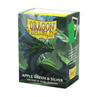 Dragon Shield Dual Sleeves 100ct Box - Matte Apple Green & Silver (PREORDER) - Box of Dragon Shield dual card sleeves in matte apple green and silver with dragon artwork on the packaging.