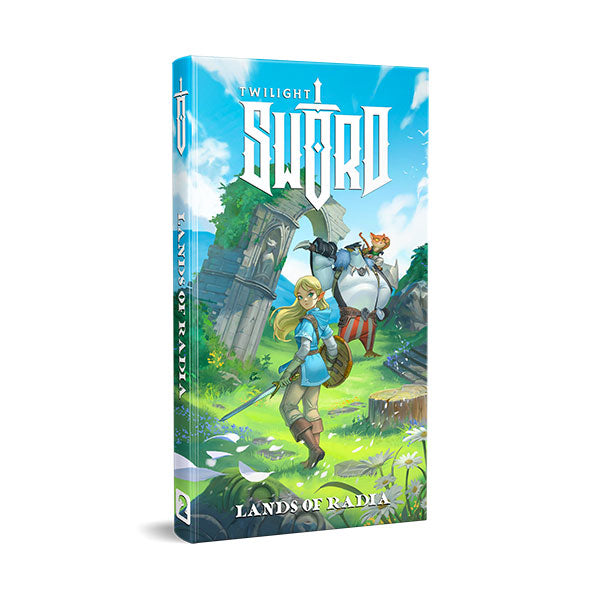Twilight Sword: Lands of Radia Campaign Module (PREORDER) - Colorful RPG module book with fantasy artwork featuring a knight in blue armor and a giant warrior with a sword on vibrant.
