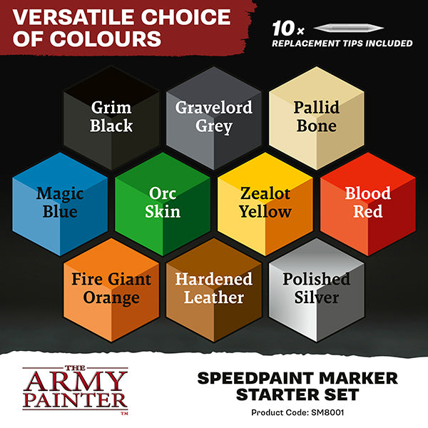 Speedpaint Markers: Starter Set - Ten hexagonal paint pots in varied colors, including black, grey, cream, blue, green, yellow, red, orange, brown, and.