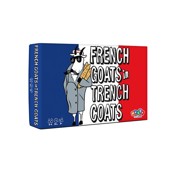French Goats in Trench Coats - Colorful rectangular card game box featuring a cartoon goat in a gray trench coat and sunglasses on a red and blue.