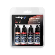 Vallejo True Metallic Metal Set: Ruby Red (4 Color Set), 18 ml. - Set of four Vallejo True Metallic Ruby Red paint bottles, each 18ml, with black caps in clear plastic packaging.