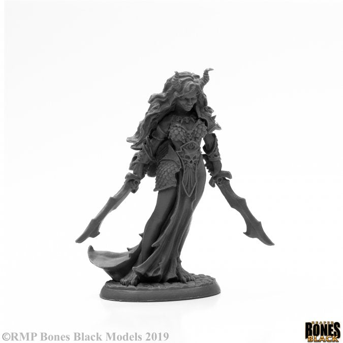 Ziba, Female Efreeti - Female fantasy miniature figure with flowing hair, armored top, long skirt, and dual curved swords.