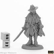 Jakob Knochengard, Human Ranger - Gray unpainted fantasy ranger miniature wearing a wide-brimmed hat, cloak, and holding a sword and a skull.