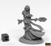 Lukesia D'vandra, Half-Elf Warlock - Half-elf warlock figurine cloaked with hood, holding ornate magical staff, flowing robes detailed.