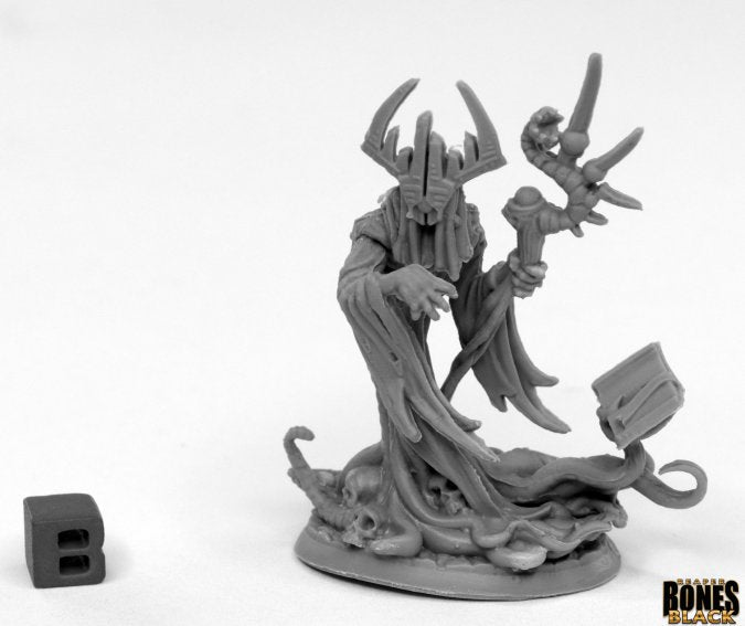 The Crimson Herald - Dark fantasy wizard figurine with horned helmet, flowing robes, and skull-adorned staff on rocky base.