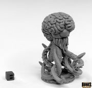 Hivewarden - Gray fantasy miniature of a creature with a large brain-like head, tentacles, and insect wings on a round base.