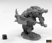 Torlan, Gatorman of Dreadmere - Gray detailed fantasy miniature of a humanoid alligator wielding a large polearm weapon and standing on a textured base.