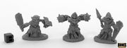 Bloodstone Gnome Warriors (3) - Three unpainted fantasy gnome warrior miniatures wielding various weapons on round bases.