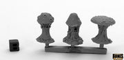 Shrieking Fungi (3) - Three gray 3D-printed fantasy shrieking fungi miniatures with distinct shapes on a sprue with a size comparison block.