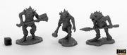 Troglodytes (3) - Three gray fantasy goblin miniatures wielding club, spear, and axe on round bases.