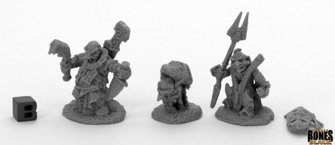 Bloodstone Gnome Heroes (2) - Two detailed fantasy gnome warrior miniatures and one smaller gnome figure in gray resin, including one with a trident and.