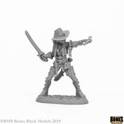 Damaris, Duskwarden Heroine - Gray unpainted fantasy miniature of a female warrior with wide-brimmed hat, sword raised, and pistol drawn.