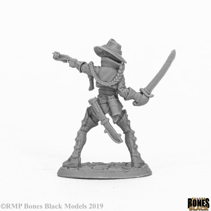 Damaris, Duskwarden Heroine - Gray resin figurine of a warrior woman in dynamic pose wielding a curved sword and a pistol, wearing a wide-brimmed hat and.