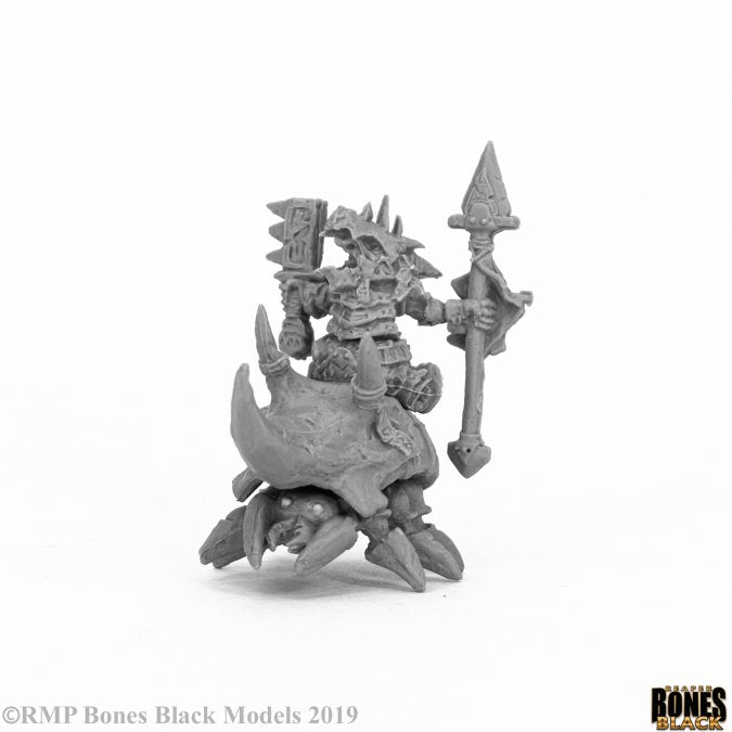 Bloodstone Gnome Cavalry - Gray unpainted fantasy gnome warrior riding a crab-like creature, holding a large spiked mace and polearm weapon.