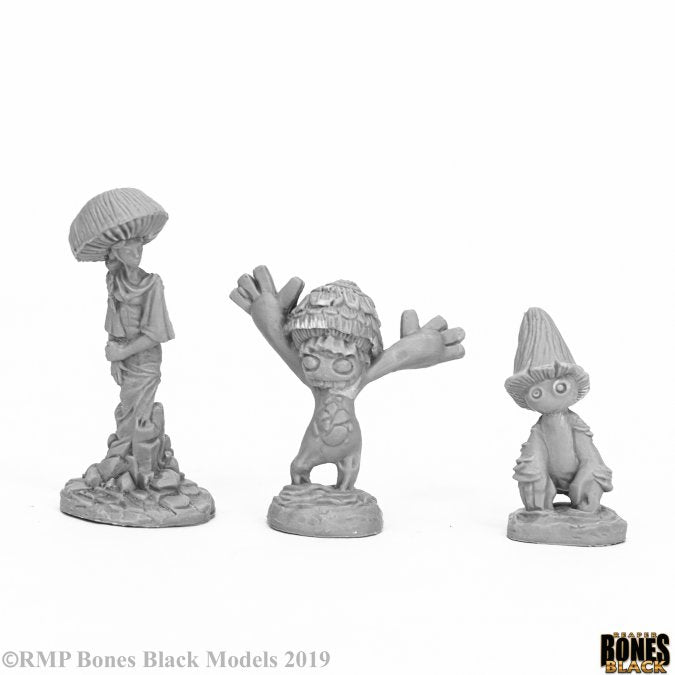 Fungoids (3) - Three detailed gray fantasy miniatures of anthropomorphic mushrooms with distinct poses and features on round bases.