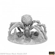 Cave Spider - Gray detailed fantasy cave spider miniature with textured body and multiple spiked legs on rocky base.
