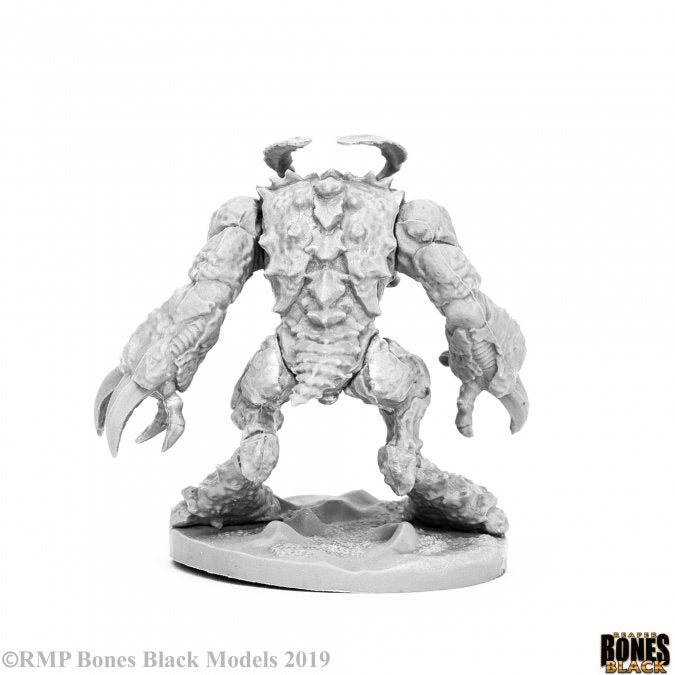 Burrowing Behemoth - Unpainted gray resin miniature of a fantasy burrowing creature with large claws, muscular limbs, and curved horns on a round .