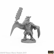 Skywing Stormcaller - Gray resin fantasy miniature of a winged humanoid creature wielding a spiked club and a curved blade.