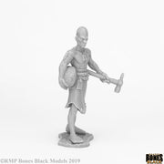 Stone Giant Carver - Gray miniature figure of a muscular bald giant holding a hammer and a stone ball with a loincloth and detailed sculpted.