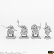 Black Bear Tribe Cavemen (4) - Set of four gray plastic fantasy cavemen miniatures with weapons and primitive armor on round bases.