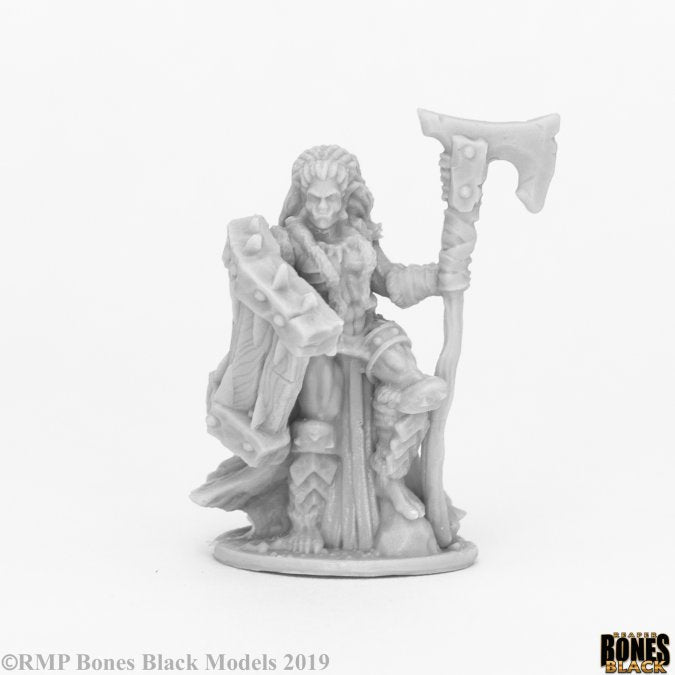 Jade Fire Chieftain - Unpainted fantasy warrior miniature holding a large axe and shield with detailed armor and fur cloak.