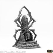 Dark Elf Queen on Throne - Dark elf queen seated on ornate spider-themed throne with gothic detailing.