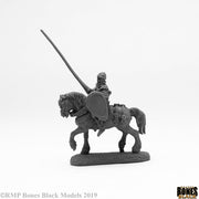 Anhurian Cavalry - Black fantasy cavalry miniature mounted on armored horse holding long spear and shield.