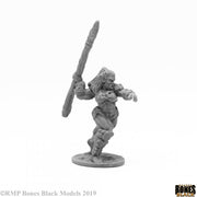 Jade Fire Spearman - Gray unpainted miniature of a fantasy warrior wielding a long spear, wearing armor and dynamic pose on round base.