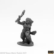 Jade Fire Warrior - Gray fantasy warrior figurine wielding a raised sword and wearing detailed armor and flowing hair.
