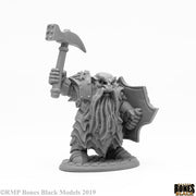 Enlarged Dark Dwarf Smiter - Dark dwarf warrior miniature holding an axe and shield with detailed armor and long braided beard.