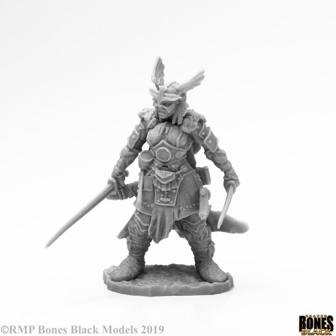 Bones Black: Frost Giant Heroine - Black resin miniature of a heavily armored female warrior with horned helmet and swords in each hand.
