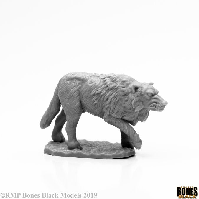 Winter Wolf - Gray resin wolf figurine with detailed fur texture, snarling expression, and dynamic walking pose on oval base.