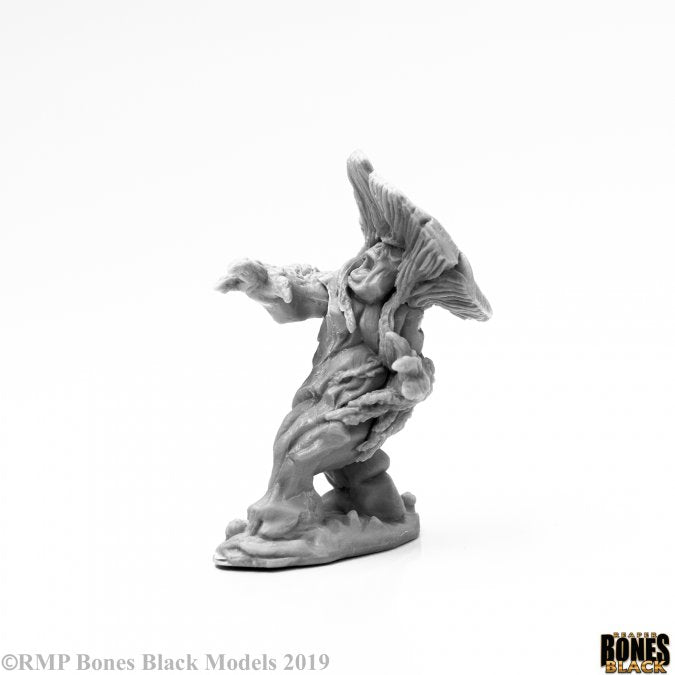 Fungal Bruiser - Gray unpainted miniature of a twisted humanoid fungal creature with a large mushroom cap hat and outstretched arm.