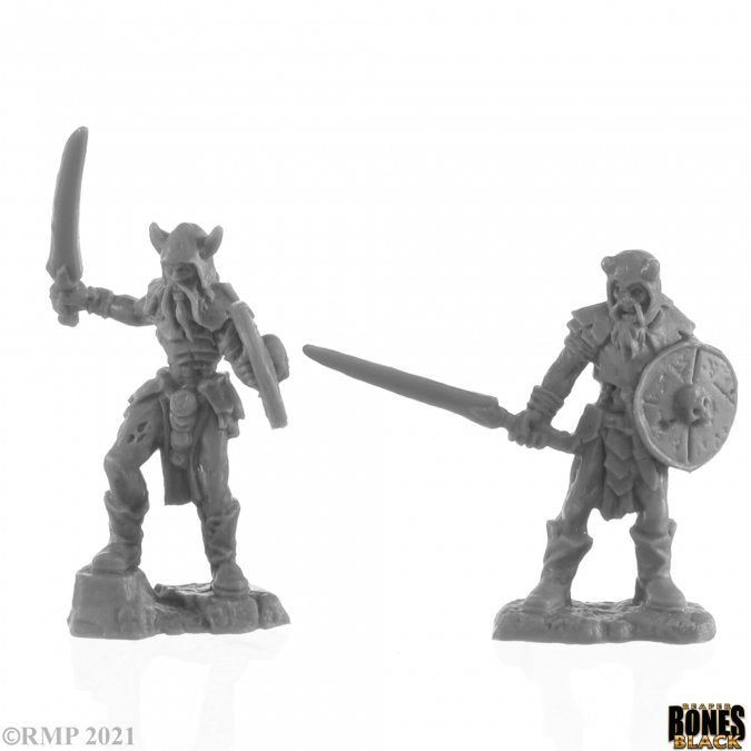 Rune Wight Warriors (2) - Two gray fantasy warrior miniatures, one with horned helmet and raised sword, the other with shield and sword raised.