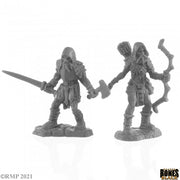 Rune Wight Hunters (2) - Two gray fantasy miniature figures, one holding a sword and axe, the other with a bow and hooded cloak, standing on rocky.