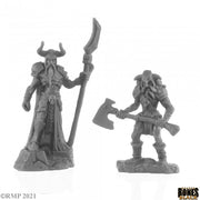 Rune Wight Thane and Jarl (2) - Two gray fantasy miniature figurines, one a horned armored warrior with a staff, the other a skeletal warrior wielding an axe.