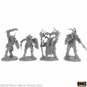 Beastmen (4) - Set of four unpainted gray fantasy Beastmen miniatures with weapons and detailed armor on round bases.