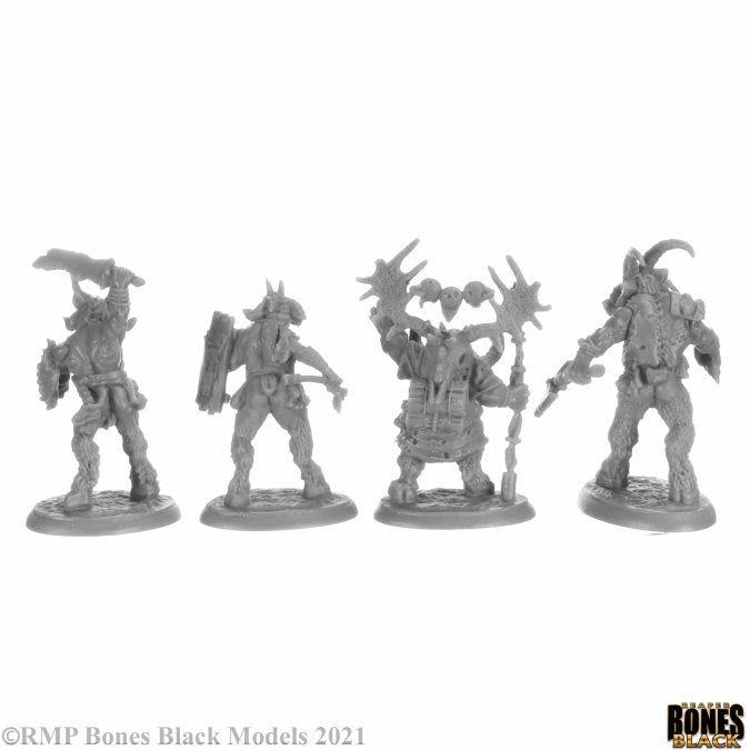 Beastmen (4) - Set of four unpainted fantasy beastmen miniatures with horns, weapons, and armor on round bases.
