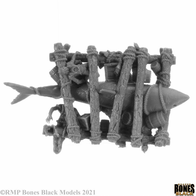 Raft of the Damned - Dark fantasy raft model made of rough wooden planks tied with thick ropes, featuring a pointed spear tip at the front.