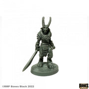 Satyr Warrior - Dark gray satyr warrior miniature with horns, armor, and a large sword on a round base.