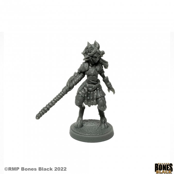 Faun Warrior - Gray miniature figurine of a horned faun warrior holding a long club, wearing armor and a skirt on a round base.