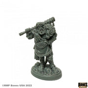 Hercules, Greek Hero - Gray plastic miniature of Hercules wearing lion skin cloak and wielding club overhead on round base.