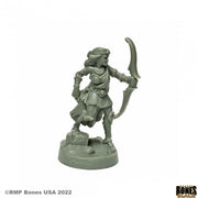 Corinna, Greek Archer Heroine - Gray resin miniature of a female archer in ancient Greek armor holding a curved bow.