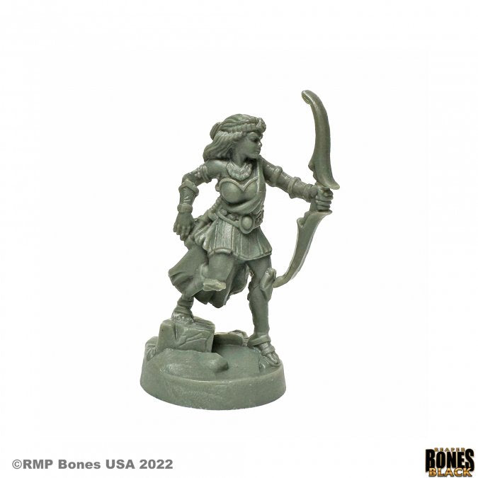 Corinna, Greek Archer Heroine - Gray resin miniature of a female archer in ancient Greek armor holding a curved bow.