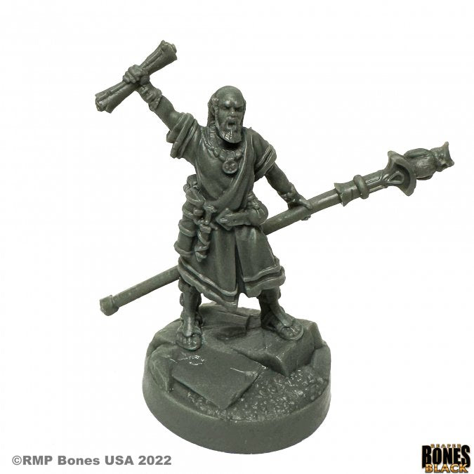 Giannis, Greek Mage - Gray plastic miniature of a robed mage holding a staff and a hammer, standing on a textured round base.